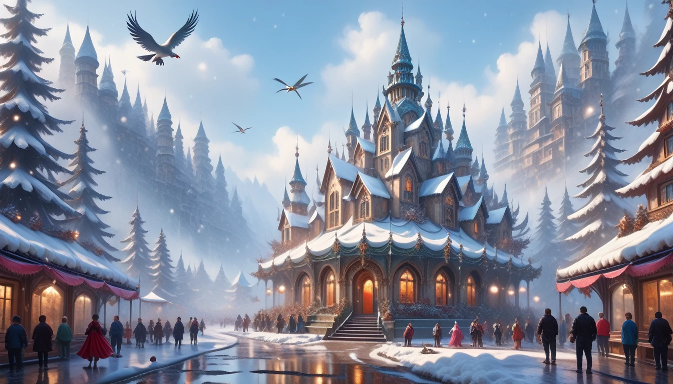 score_9, score_8_up,score_7_up, masterpiece, best quality, perfect anatomy, very aesthetic, official art, 8k, girl alone, sexy, of heavenly beauty, goddess, curvy, More Average Breasts, Beautiful Sparkling Hair Long Voluminous, Snowy Village Background, Lots of Snow, snowing, Bright Sparkles, Snowflakes are circling, The wind is light, Birds Sit on Trees, Northern Lights in the sky Very Beautiful Many colors, great atmosphere, full height, full detailed, masterpiece, Huge Scale Painting Wallpaper, Best quality, Fairytale and Fantastic Atmosphere, 
