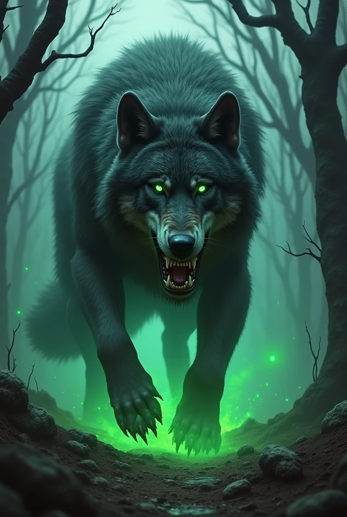 A scary wolf with green blood 