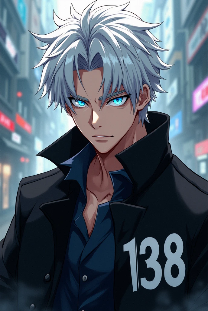 Create a male anime character with white hairs and eyes colour should be sky blue and wearing a black coat with symbol 138 in fighting font