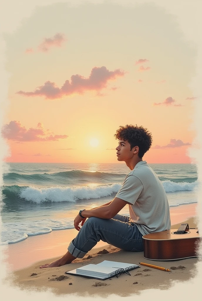 Create A young man sitting lonely in the beach seeing the waves in the evening time with paper placed down at the right side ,and  guitar placed at the ground pencil drawing