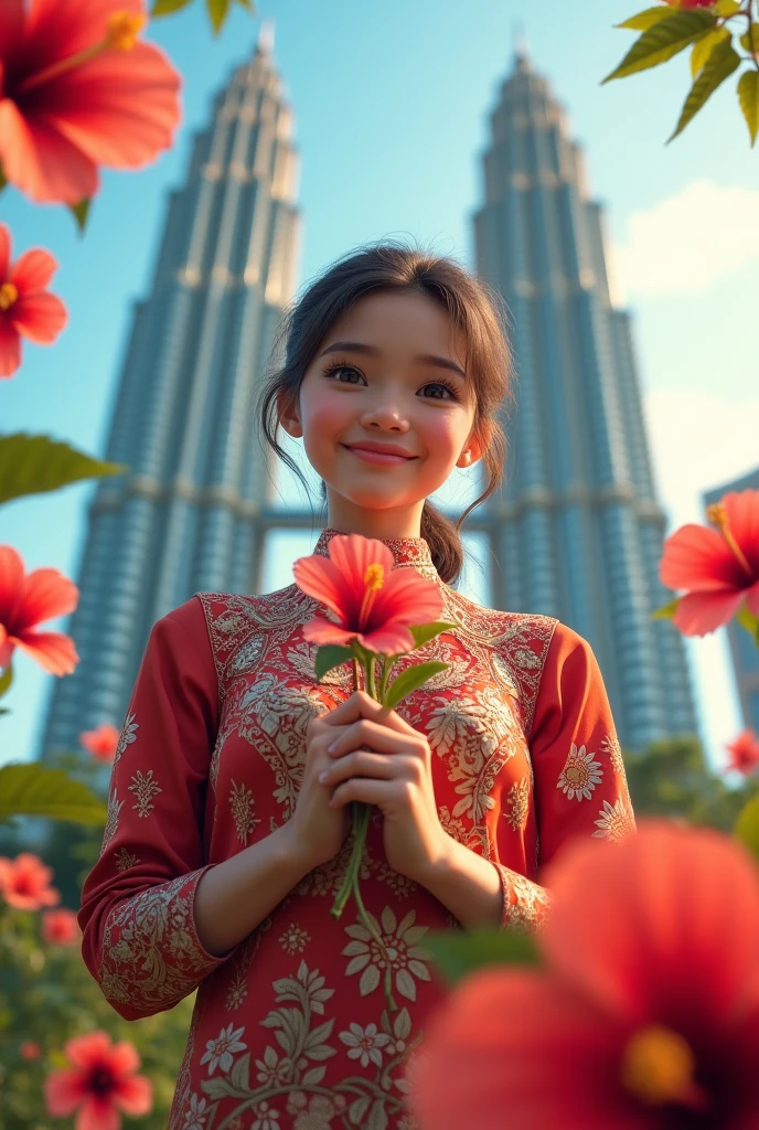 A cute teenage girl wearing a kebaya holding a stalk of hibiscus and malaysian flag with a petronas twin tower background