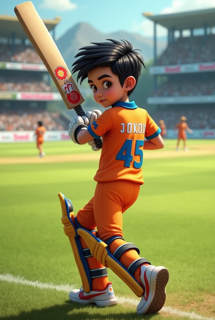 A handsome boy playing cricket named RAJA with jersey number 45 written in backside