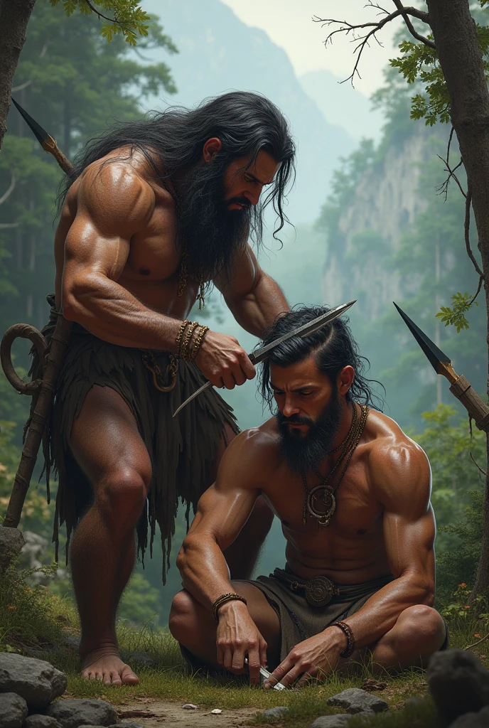 Create image of barbar cutting hair on hunt
