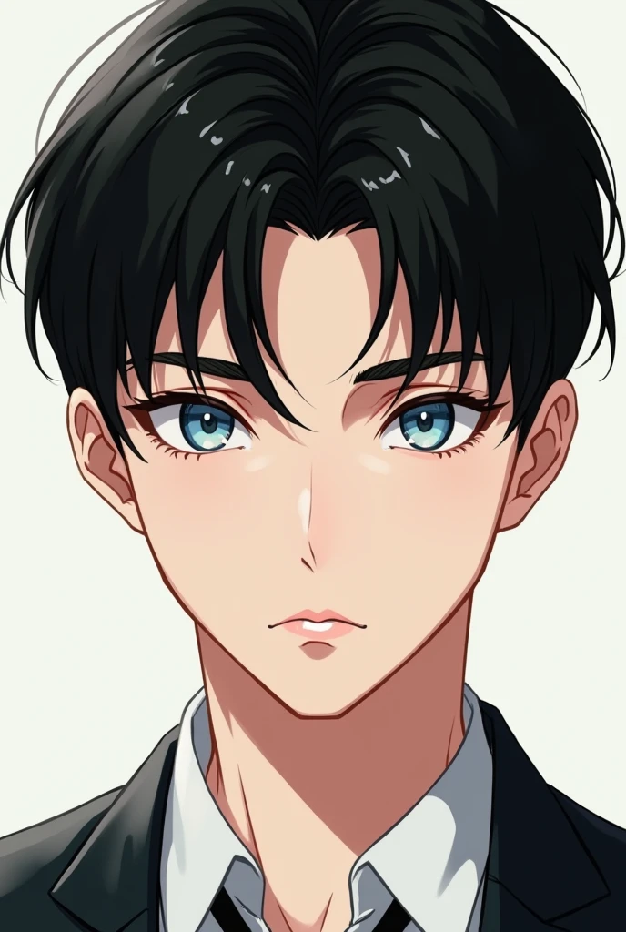 Generates a manhwa-style image of a man with smooth skin, short black hair, small slanted eyes, pastel blue pupil, serious face