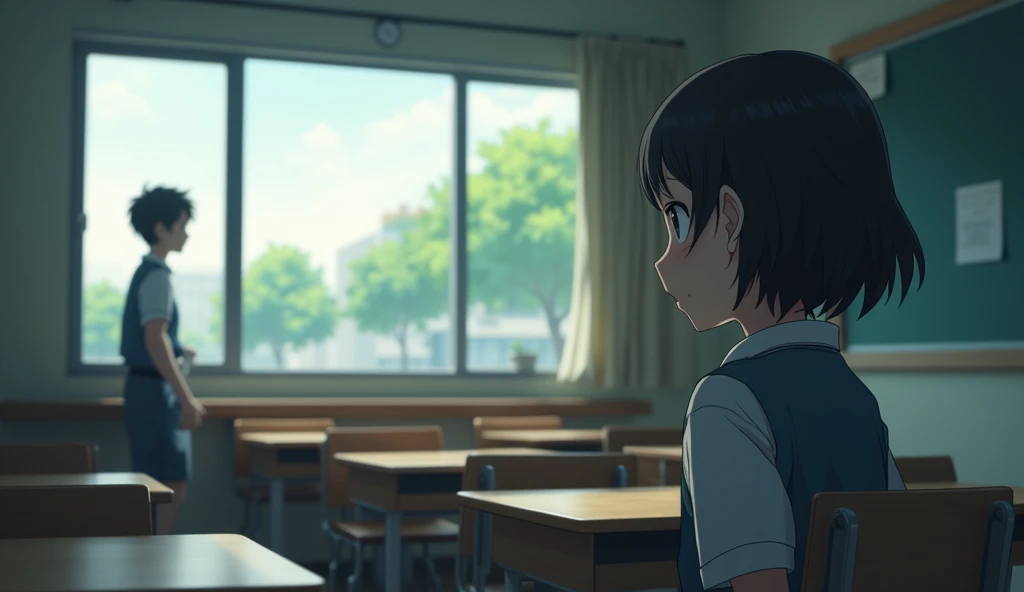 School classroom、Mao looking out the window、Haruki is outside