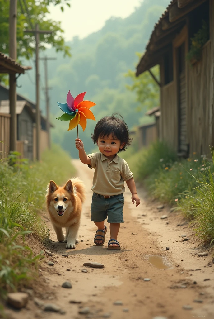 A child holding a windmill walking on the muddy road with his small dog