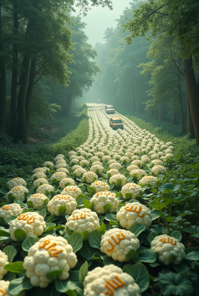 There is a road going in a forest. 1000 bunches of cauliflower are kept on the road and traffic is also moving on the road and a very big Allah is written on the cauliflower.