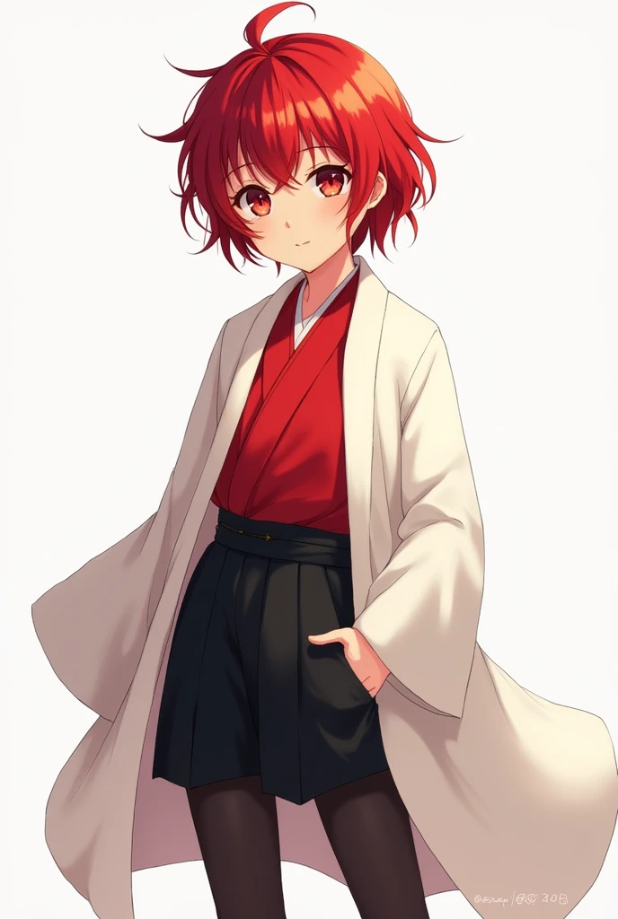 a girl with messy short red hair, red eyes, wears long sleeves white haori, red kimono top underneath white haori,  black knee-length pants in anime art syle