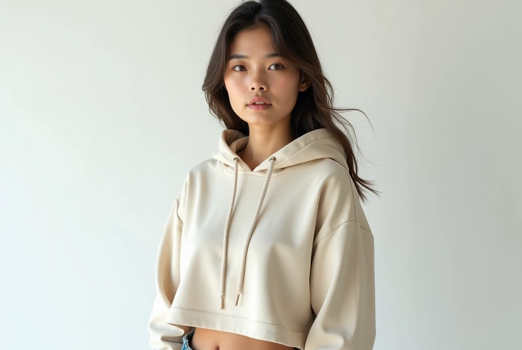 beautiful young woman hoodie mockup cropped hoodie mockup with zipper light white background . Use Canon EOS 5D Mark IV with 24-70mm f/2.8 lens. Settings: ISO 100, f/8 aperture, and 1/125s shutter speed to capture sharp, brilliant images with wide depth of field.