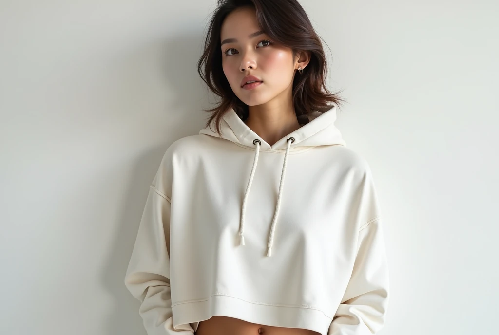 beautiful young woman hoodie mockup cropped hoodie mockup with zipper light white background . Use Canon EOS 5D Mark IV with 24-70mm f/2.8 lens. Settings: ISO 100, f/8 aperture, and 1/125s shutter speed to capture sharp, brilliant images with wide depth of field.