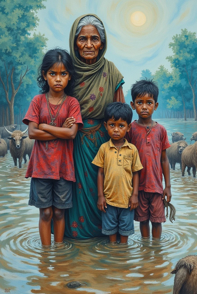 art a picture with water color,vincent van gogh effect flood in Bangladesh, background surrounded by Bangladeshi (flood affected children, old lady,poor animals)