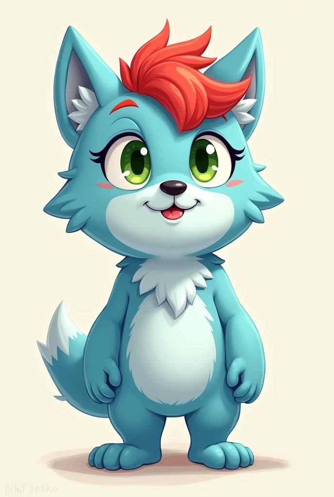 Fursuit furry Light blue Wolf red hair green eyes red Eyebrow Man cartoon humán body