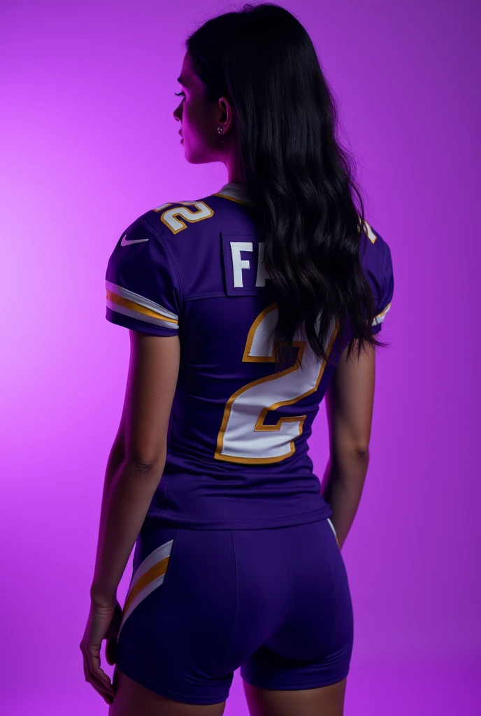 high quality photography ((masterpiece))
From a 1 girl with a good body, back turned with purple football uniform, with the name Fany and the number 2 below Black hair, that his face cannot be seen With the purple background of the image