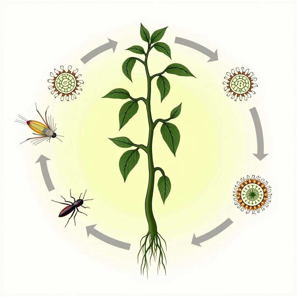 Diagram of the TSWV virus disease cycle: Host plants (tomato) Transmission by thrips (4 species) in the larval stage, Acquisition of the virus by thrips Maximum infectivity of thrips at 20-30 days, Virus multiplication in the vector, Thrips attracted to young plants (bright green color), Cycle repeats in new plants and areas.