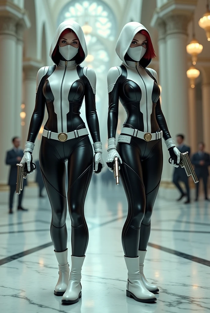 2 famme qui fait du cosplay de Black widow avec une cagoule et dès gants blan et Lons en cuir et qui porte des bottes blan avec des pistolet et qui font un braquage dans une banque pour ramasser les billets 