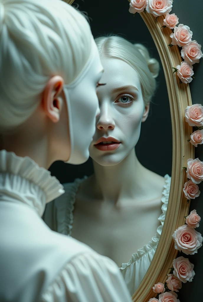 Make a woman with a white mask covering her face looking at a mirror with rose frames. Do it in a surreal style