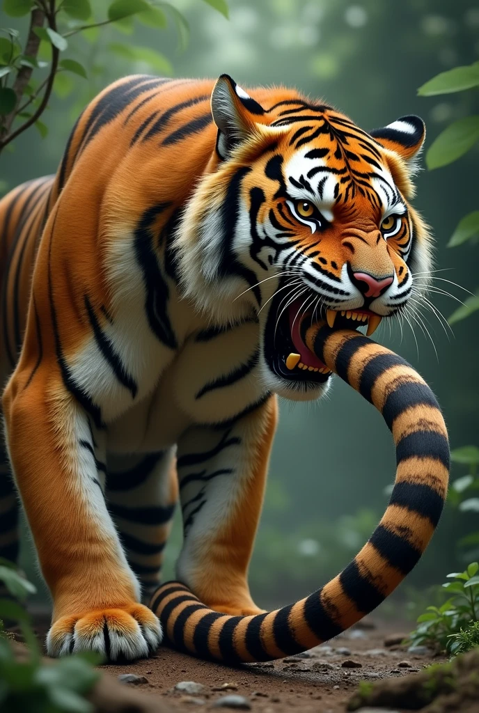 Tiger bites his own long tail