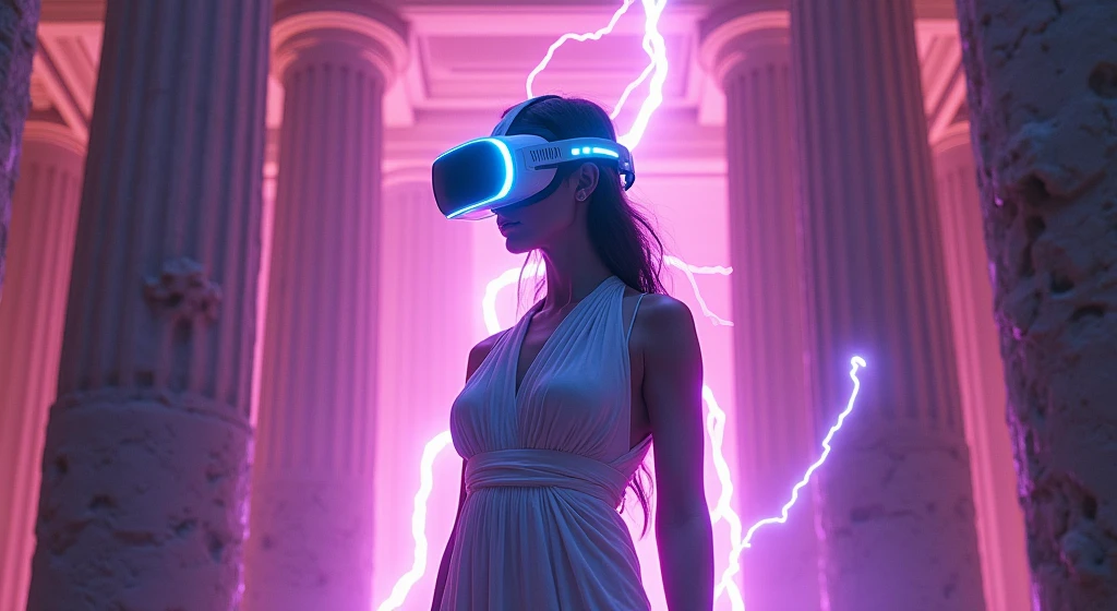 "A hyper-realistic digital artwork of a Greek goddess-like figure, reimagined as a futuristic DJ. She wears a virtual reality headset and stands in an ancient temple surrounded by pillars, with purple and pink lightning bolts crackling around her. Dramatic backlighting creates a neon halo effect, highlighting intricate details in the stone sculpture. The scene fuses futuristic and mythological elements, featuring high contrast, vivid colors, and cinematic lighting. The artwork, inspired by sci-fi and classical art, uses digital painting techniques with a soft focus on the background and glowing elements."