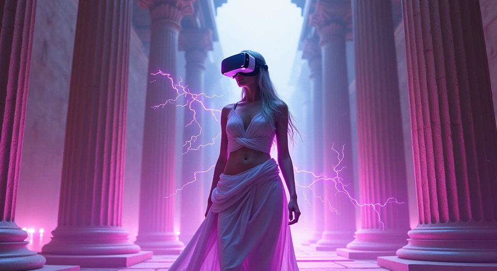 "A hyper-realistic digital artwork of a Greek goddess-like figure, reimagined as a futuristic DJ. She wears a virtual reality headset and stands in an ancient temple surrounded by pillars, with purple and pink lightning bolts crackling around her. Dramatic backlighting creates a neon halo effect, highlighting intricate details in the stone sculpture. The scene fuses futuristic and mythological elements, featuring high contrast, vivid colors, and cinematic lighting. The artwork, inspired by sci-fi and classical art, uses digital painting techniques with a soft focus on the background and glowing elements."
