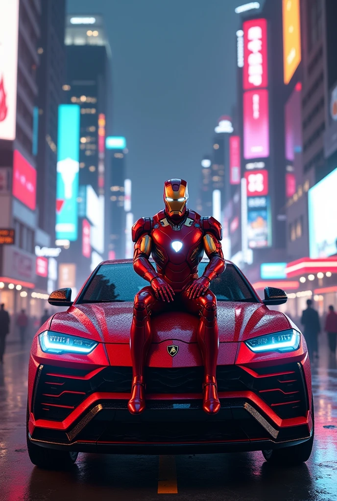 Iron man sittin on Lamborghini urus in neon city