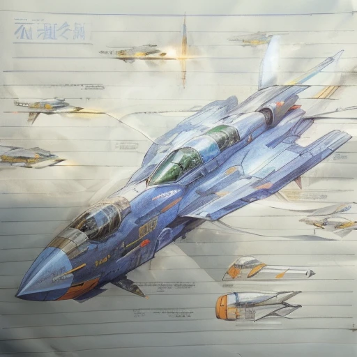A picture of a jet plane with a blue fuselage and an orange tail, Macross Style, Clear Eyes concept art, by Ayako Rokkaku, Evangelion-style eyes, Spacecraft design, Evangelion concept art, Inspired by Yoshiyuki Tomino, 【 sciart 💙💜 mson, 5th generation fighter, by Un'ichi Hiratsuka, By Yoshiyuki Tomino