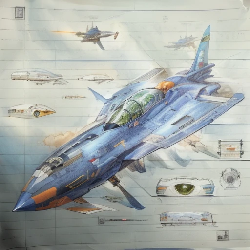 A picture of a jet plane with a blue fuselage and an orange tail, Macross Style, Clear Eyes concept art, by Ayako Rokkaku, Evangelion-style eyes, Spacecraft design, Evangelion concept art, Inspired by Yoshiyuki Tomino, 【 sciart 💙💜 mson, 5th generation fighter, by Un'ichi Hiratsuka, By Yoshiyuki Tomino