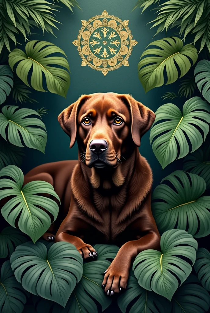 Chocolate Labrador with a background of monstera plants and mandalas


