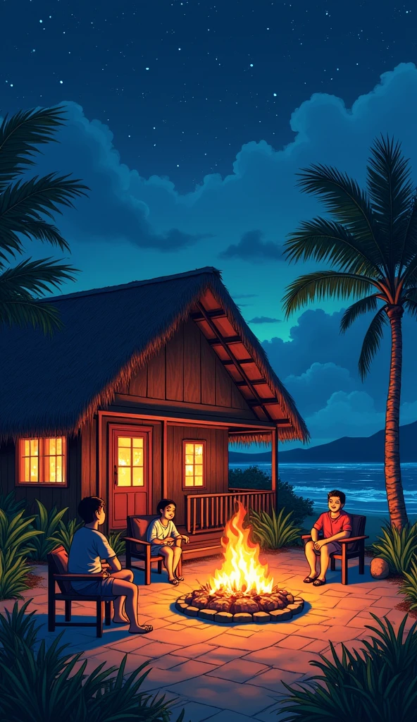 anime Illustration of Hawaii, a very cozy native Hawaiian home with firecamp outside the house a group of friends sitting in the camp fire and laughing. evenings cozy vibe stars in the sky ,Hawaii , illustration , reteo comic illustration moody, melancholic, vibrant color, detailed, akira --ar 16-9 --niji 6