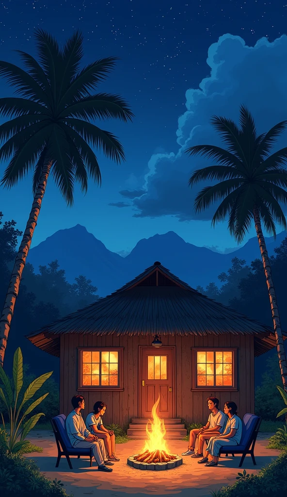anime Illustration of Hawaii, a very cozy native Hawaiian home with firecamp outside the house a group of friends sitting in the camp fire and laughing.  evenings cozy vibe stars in the sky ,Hawaii , illustration , reteo comic illustration moody, melancholic, vibrant color, detailed, akira --ar 16-9 --niji 6