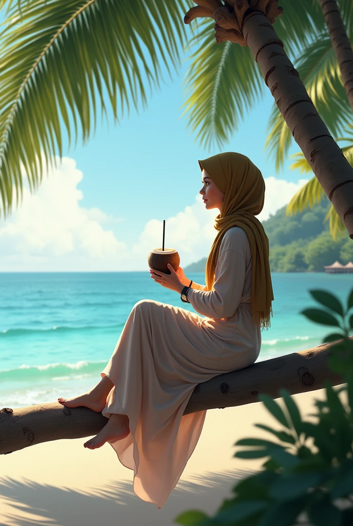 Hijab girl on beach sitting on the tree branch coconuts juice in her hand