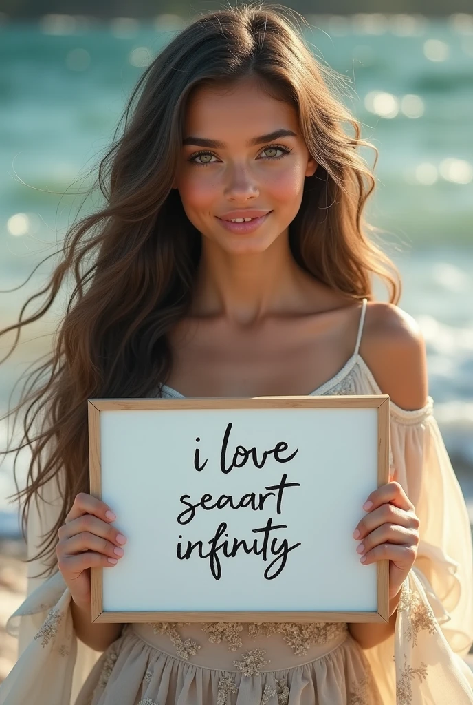 Beautiful girl with wavy long hair, bohemian dress, holding a white board with text "I Love Seaart Infinity" and showing it to the viewer