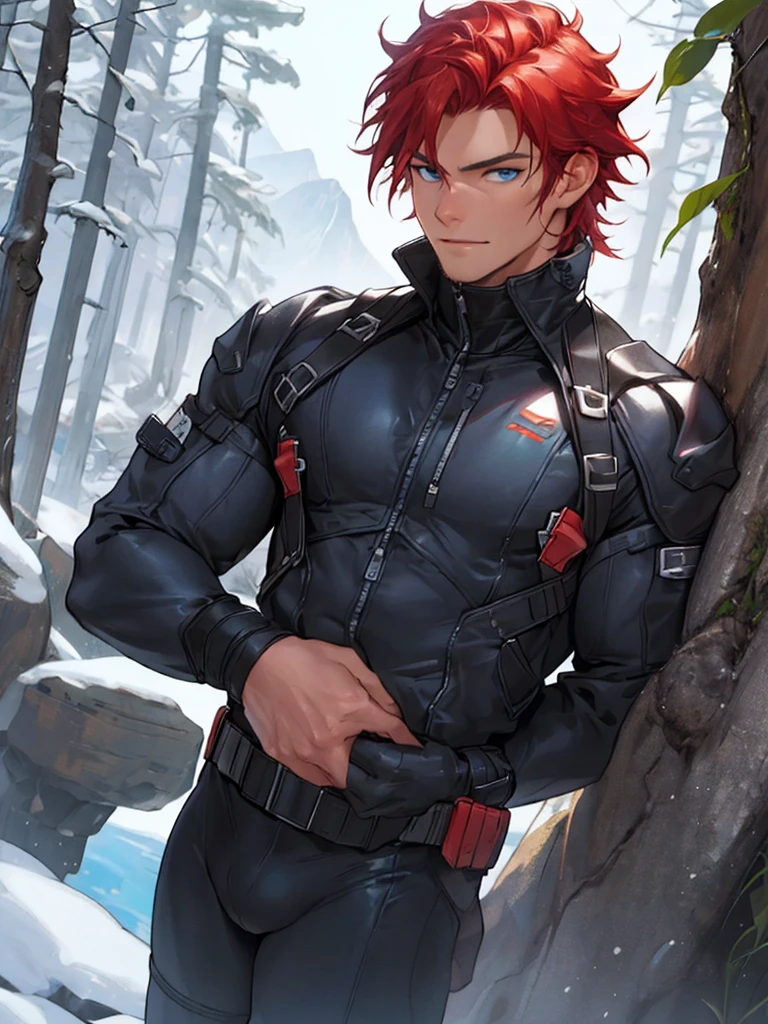 (Best quality), masterpiece, very courageous and courageous, extremely detailed, 2k wallpaper, amazing, finely detail, extremely detailed, 8k wallpaper, huge file size, ultra detailed, a high resolution, extremely detailed eyes and face, beautiful detailed nose, beautiful detailed eyes, Light on your face, (1 person, mature face), realistic face, realistic body, big bulge, man, 30 years, very short haircut, shaved temples, Red hair, Blue eyes, thick stubble, Dressed in a black latex suit, A full body suit, posing in full height, against the background of mountains and forest, He is wearing a jacket over a latex suit