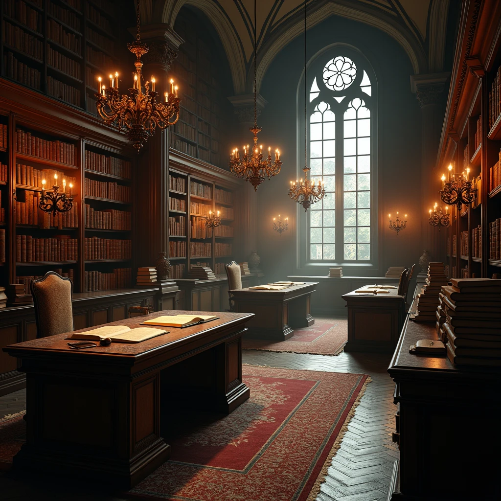 A grand, old library with towering bookshelves filled with leather-bound books. The room is dimly lit by chandeliers hanging from a high, vaulted ceiling. A large wooden desk sits in the center, cluttered with ancient manuscripts and a flickering candle. Dust motes dance in the air, illuminated by the faint glow of the chandeliers.