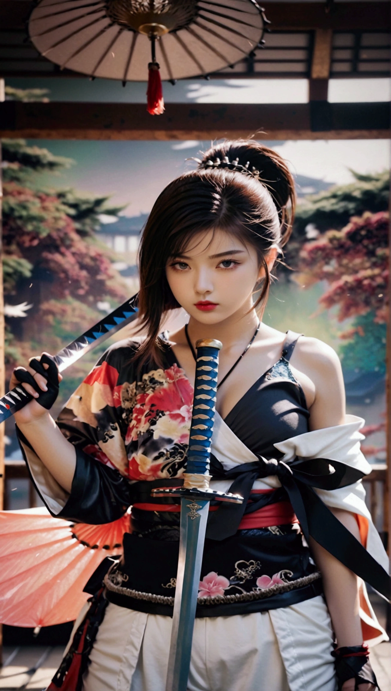 (Japanese sword &reference;Muramasa 2&reference;.2)Two beautiful women、Japanese swordを持った女性、Shinobi Costume、Warrior、Clear Eyes、{Arm tattoo、Warrior、Realistic battle scenes、敵Warriorの返りBlood、Blood、High resolution、Highest quality、Very detailed、8k、background、
