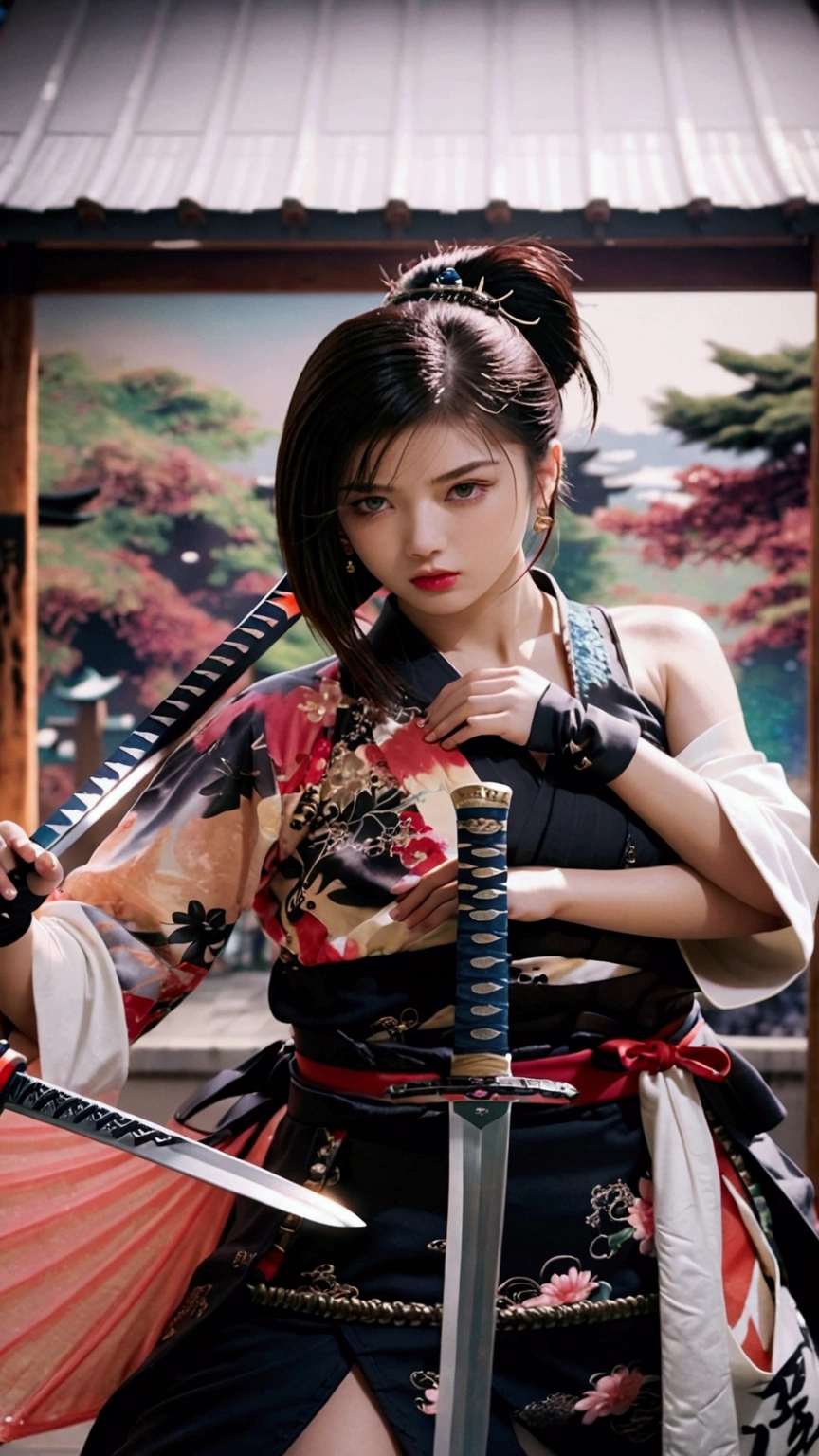 (Japanese sword &reference;Muramasa 2&reference;.2)Two beautiful women、Japanese swordを持った女性、Shinobi Costume、Warrior、Clear Eyes、{Arm tattoo、Warrior、Realistic battle scenes、敵Warriorの返りBlood、Blood、High resolution、Highest quality、Very detailed、8k、background、