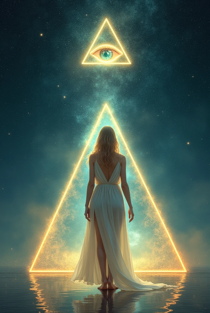 label for beer "MONJE OF SKY": central character: A pretty woman, 200cm tall wide hips, beautiful and blonde in an elegant dress, barefoot looking at the camera. Symbolic Element: The woman is located inside an equilateral triangle, that stands out in the design. bottom: A starry night sky, using light and soft colors. Mystical element: in the sky, There is a second smaller equilateral triangle with an eye in the center (in the style "All-seeing eye").