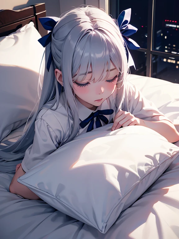Lie down in bed、I closed my eyes and slept soundly、night、Sleeping in the room、1 girl,albino, cute, gray hair、beautiful, long hair, Blue eyes, hair with ribbon,night light ((8k, Hmm, surreal))、Shorten your hair