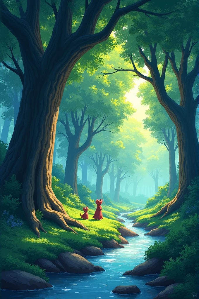/imagine prompt: Viral anime nature wallpaper in 4K quality, in the style of digital illustration inspired by Hayao Miyazaki, featuring a serene forest with towering ancient trees, dappled sunlight filtering through the leaves, a gentle stream flowing through the scene, and mystical creatures peeking from behind the foliage; vibrant and warm color temperature, cosmos lighting with stars twinkling in the sky, no human characters, the atmosphere is tranquil and enchanting --v 5 --stylize 1000