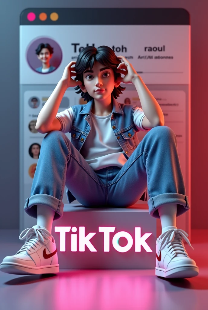 créez une illustration 3D d'un personnage aimée Assis de manière décontracté au-dessus d'un logo de media social « tik tok  » le personnage doit porter des vêtements moderne et décontracté qu'une veste en jean et des chaussures de sport Nike air de couleur blanche.  Le fônd de l'image est une page de profil du media social avec un nom d'utilisateur “  Raoul/ 24k abonné" et une photo de profil qui correspond,
