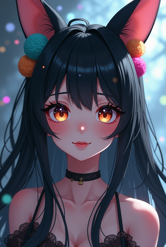 black hair, hair bobbles, wince, longeyelashes, solid circle eyes, fake animal ears, light smile, ear blush, fang, ccurate, Surrealism, drop shadow, anaglyph, stereogram, tachi-e, pov, atmospheric perspective, 8k, super detail, best quality, textured skin