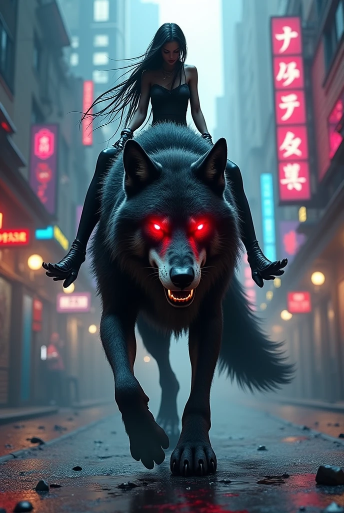 Wolf with red neon eyes on cyberpunk city and scary lady riding wolf