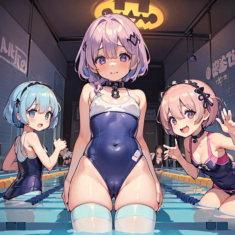 ,(((Ram and Rem Animator Costumes,Cosplay Costumes,Halloween))),Highest quality、High resolution、Detailed Background、(Beautiful face in every detail:1.4)、Anatomically correct、(Detailed facial expressions)、(fine grain:1.2)、 beauty、cuteカラーの髪色、Braided Ponytail、Braided bob cut、Braided twin tails、Navy School Swimsuit、(Flat Chest)、Perfect body line、Thick thighs、Please show me your whole body、
(Five beautiful girls in school swimsuits are having fun at the school pool.:1.5)、
Big smile、Laughing with your mouth open、My whole body is wet、My hair is wet too、Fun atmosphere、Embrace each other、cute仕草、cute,,(((ベルトとストラップ付きのFor women下着セット,Metal Chain,Sexy Lingerie,4 Piece Set,Porn Wear,Nightclub Temptation,For women))),