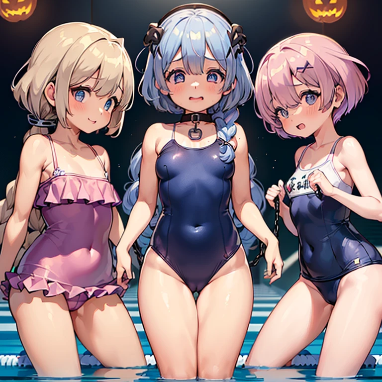 ,(((Ram and Rem Animator Costumes,Cosplay Costumes,Halloween))),Highest quality、High resolution、Detailed Background、(Beautiful face in every detail:1.4)、Anatomically correct、(Detailed facial expressions)、(fine grain:1.2)、 beauty、cuteカラーの髪色、Braided Ponytail、Braided bob cut、Braided twin tails、Navy School Swimsuit、(Flat Chest)、Perfect body line、Thick thighs、Please show me your whole body、
(Five beautiful girls in school swimsuits are having fun at the school pool.:1.5)、
Big smile、Laughing with your mouth open、My whole body is wet、My hair is wet too、Fun atmosphere、Embrace each other、cute仕草、cute,,(((ベルトとストラップ付きのFor women下着セット,Metal Chain,Sexy Lingerie,4 Piece Set,Porn Wear,Nightclub Temptation,For women))),