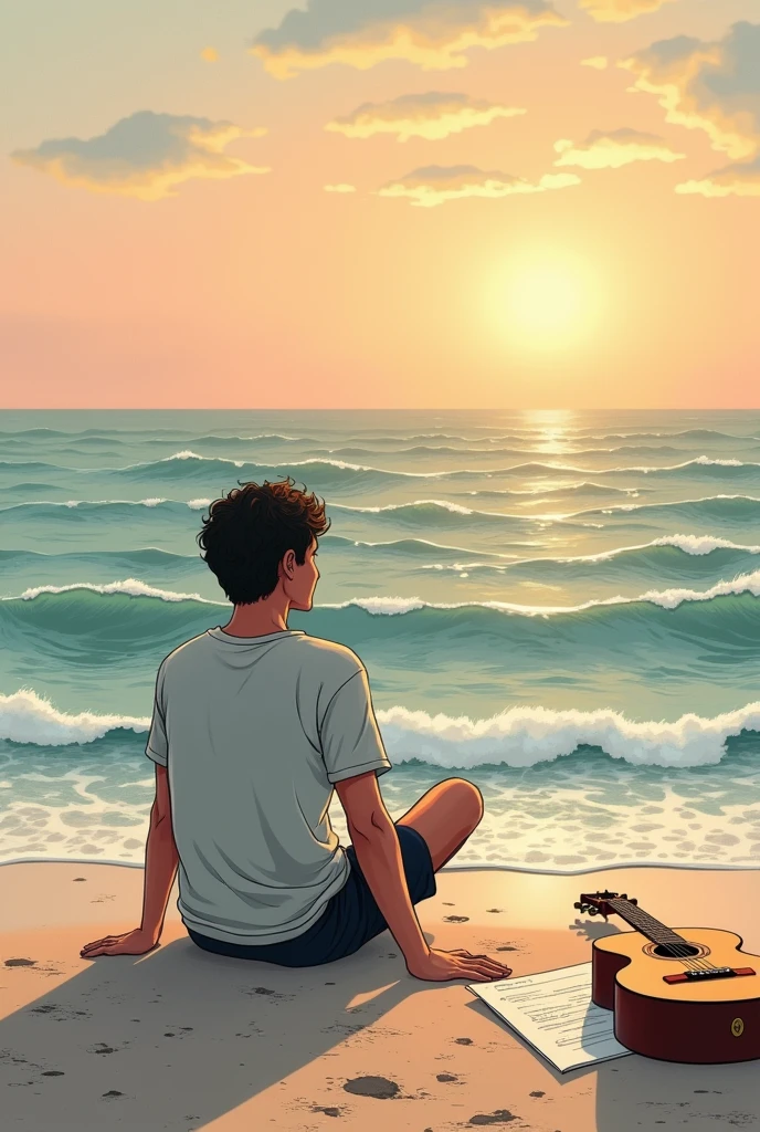 Create A young man sitting lonely in the beach seeing the waves in the evening time with paper placed down at the right side ,and guitar placed at the ground easy sketch drawing