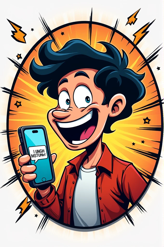 A bold, vibrant cartoon-style character with exaggerated facial expressions, like wide eyes and a big grin, holding a smartphone with a meme on the screen. The background should be a mix of bright, contrasting colors, with comic-style elements like speech bubbles or funny text, all encapsulated in a circular format perfect for Instagram."