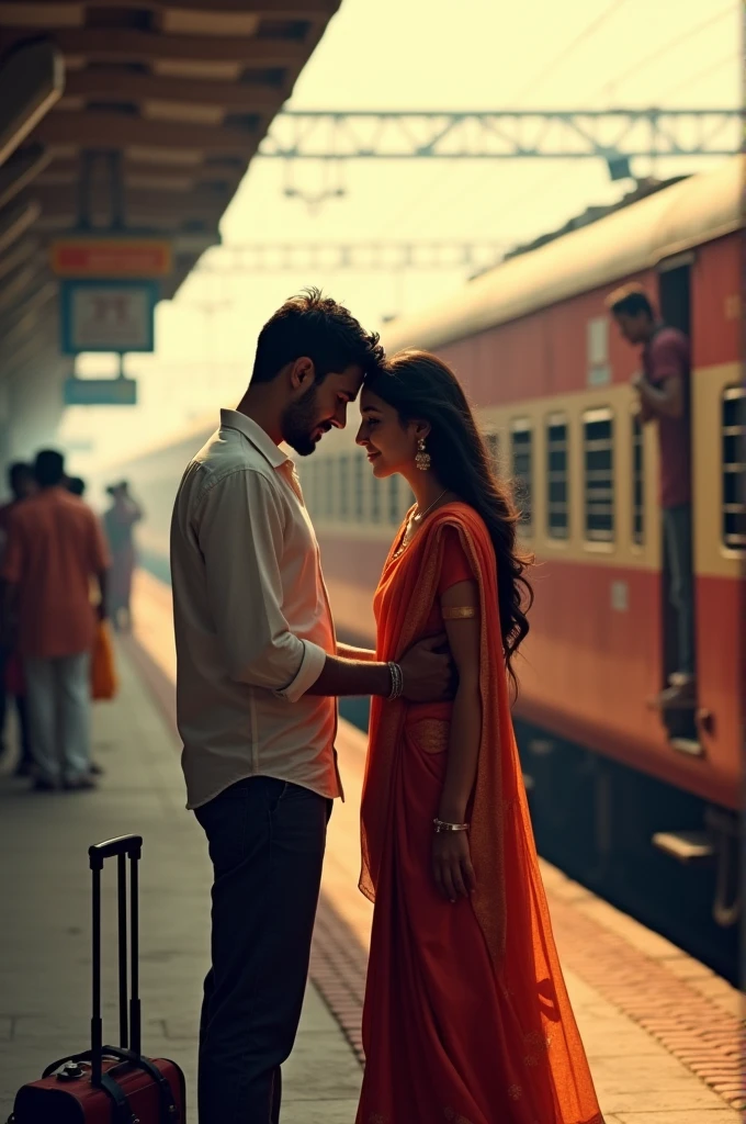A couple in indian railway station and men are in the train door and train has out of station are slowly and women say good bye to him both are emotional for long distance and men had a trolly bag