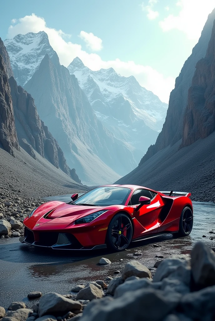 Red super car in between mountains
