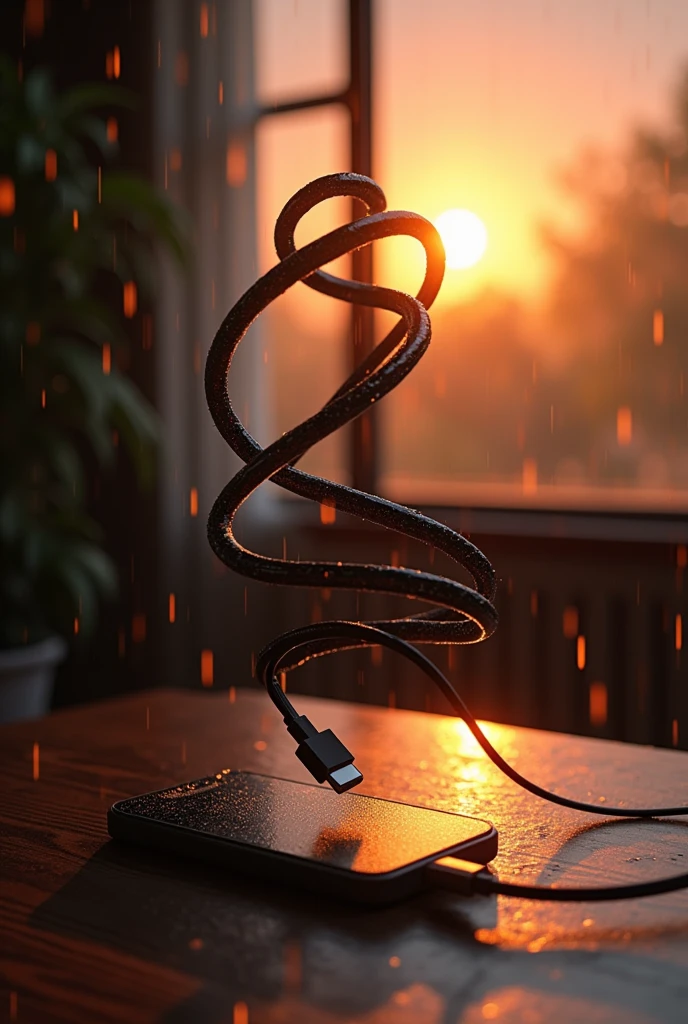 2 Charging cable dance in table with sunset rainy backround