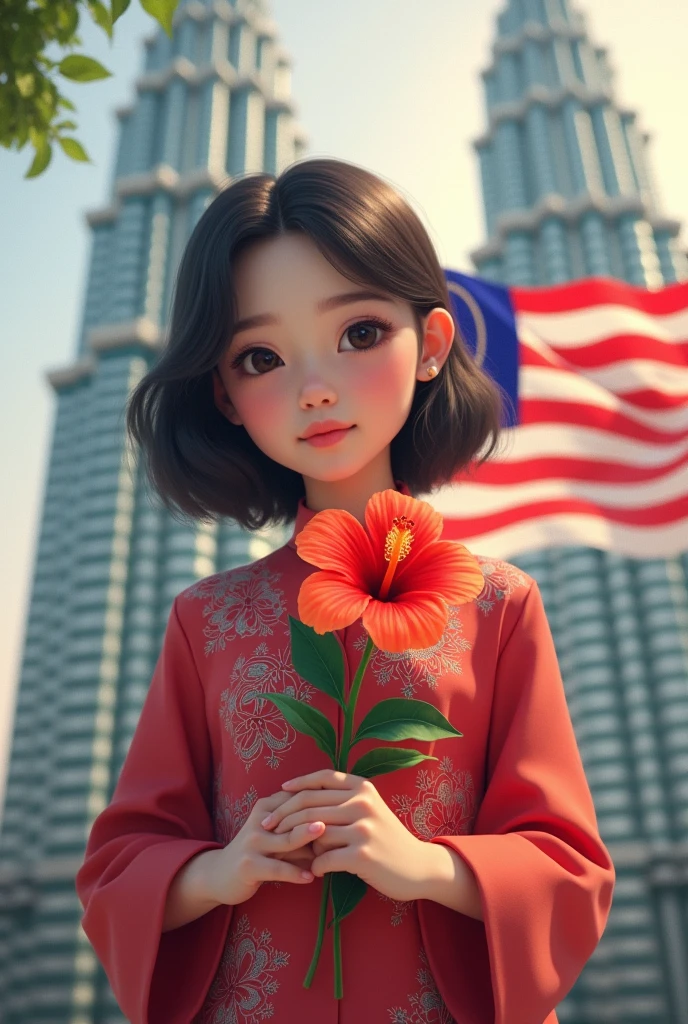 A cute teenage girl wearing a kebaya holding a stalk of hibiscus, malaysian flag with a petronas twin tower background