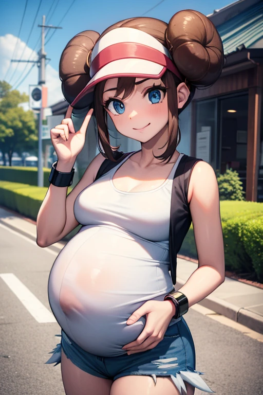 Masterpiece, best quality, pregnant girl, ro1, hair bun, blue eyes, twintails, visor cap, denim shorts, denim, short shorts, vest, shirt, wristband, sleeveless, white shirt, black vest, sleeveless shirt, standing in streets, smile, cowboy shot, collarbone, small breasts, cleavage, downblouse, oversized clothes, third trimester of pregnancy